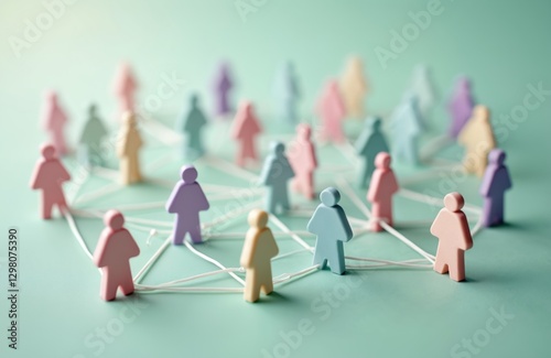 Pastel shades human resource, world wide web concept. Wooden figurines connected, recruitment management, business idea. Global social network, connection, communication, hr business strategy,