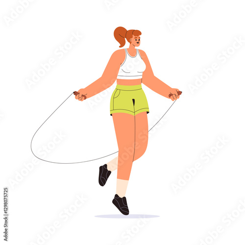 Woman jumping with skipping rope. Active female in sportswear doing cardio exercise, workout, body endurance training. Healthy girl activity. Flat vector illustration isolated on white background