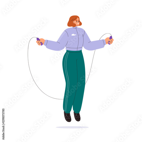 Woman exercising, jumping with skipping rope. Happy female in sportswear trai...