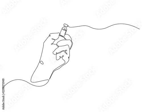 Continuous line drawing of hand holding vial bottle. Single line illustration of vial hold by hand. Virus protection concept. Editable outline