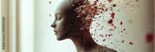 Woman transforming into data and pixels is disappearing with rose petals