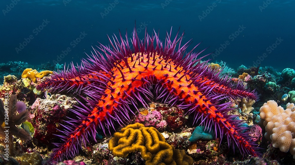 Obraz premium Crown of Thorns Starfish sprawled across a coral reef its long venomous spines glowing under the water vibrant red and purple hues contrasting with the delicate coral polyps