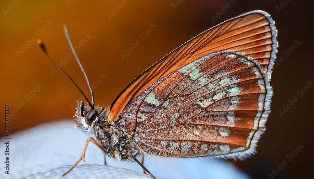 Obraz premium Macro butterfly portrait: wing scales emphasized, intricate detail. Delicate & natural beauty. Ideal for nature designs & detailed backgrounds.