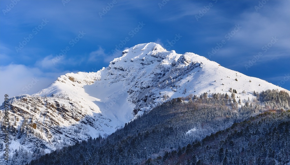 Snowy Mountain Peak Under Bright Blue Skies – A Crisp Winter Scene Snowy Mountain Peak Under Bright Blue Skies – A Crisp Winter Scene