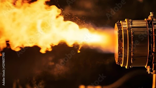 Rocket engine thrust chamber demonstrates powerful hot fire test with intense combustion effects, Rocket engine thrust chamber performing a hot fire engine test seamless ing