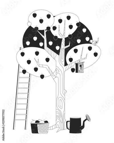 Apple tree with birdhouse and ladder outline illustration. Basket of harvested apples, watering can. Garden tools, fruits orchard 2D line scene isolated on white. Monochrome vector ink linear image
