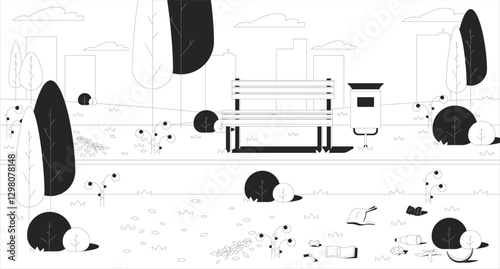 Empty park scene with wooden bench, trash bin and scattered litter line illustration backdrop. Urban nature environmental issue 2D ink outline landscape monochrome background. Lineart vector