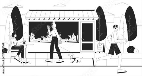 Lively street scene with cozy cafe outdoors line illustration. Diverse people socializing, drinking coffee, walking dog, jogging 2D ink linear characters monochrome. Flat outline vector image