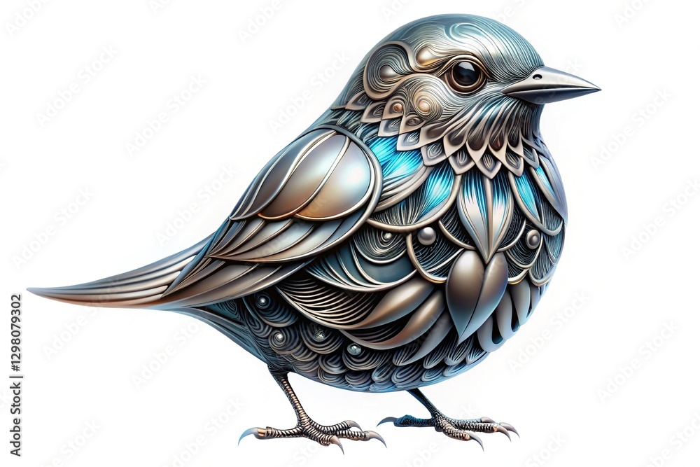 Fototapeta premium Chrome Bird Sculpture: Fractal Symmetry, Gray Industrial Design, Soft Fabric Textures