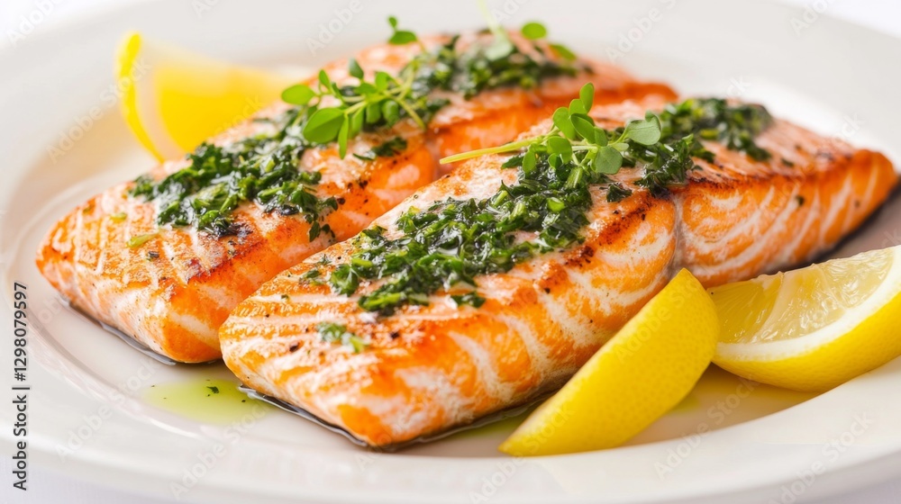 A beautifully plated dish of grilled salmon fillet topped with a fresh herb sauce, served on a white plate with lemon wedges and garnished with microgreens. A beautifully plated dish of grilled salmon fillet topped with a fresh herb sauce, served on a white plate with lemon wedges and garnished with microgreens.