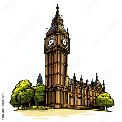 Vector comic hand-drawn illustration of Big Ben. Big Ben in London