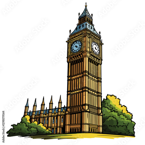 Vector comic hand-drawn illustration of Big Ben. Big Ben in London