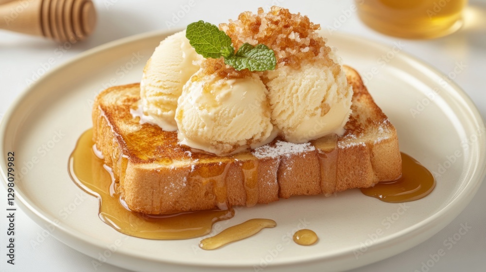 A beautifully styled plate of honey toast topped with ice cream, fresh mint, and a drizzle of honey, arranged on a white background for a fresh and modern look. A beautifully styled plate of honey toast topped with ice cream, fresh mint, and a drizzle of honey, arranged on a white background for a fresh and modern look.