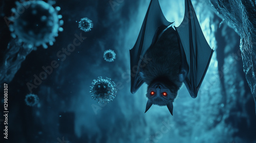 Bat hanging inside a cave, virus floating in background. Corona virus concept. photo