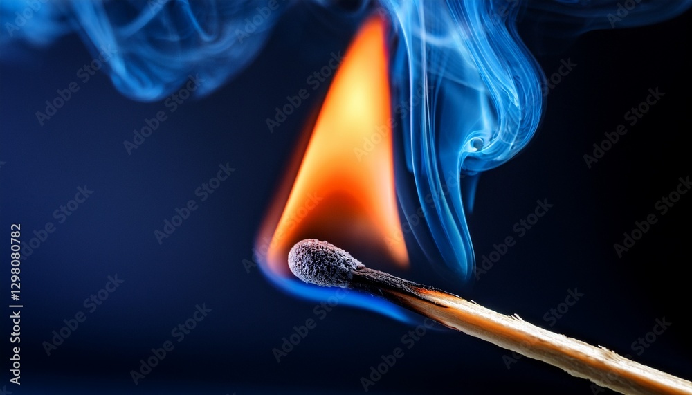 The Fibrous Strands of a Burning Match, Glowing in Shades of Deep Orange and Blue as the Flame Flickers