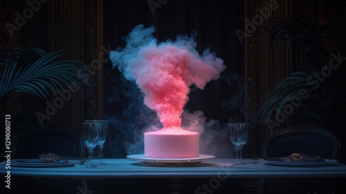 Pink Cake Explodes with Pink Smoke on an Elaborate Table in a Dark Room