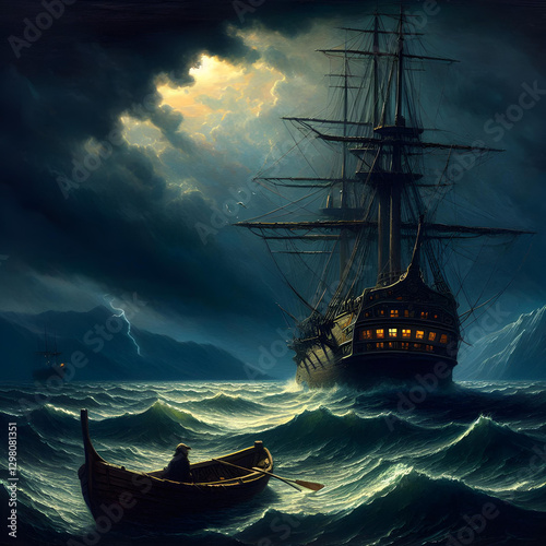 A small wooden boat sails in the ocean at the night time, the large abandoned pirate ship suddenly appear.