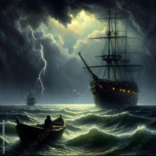 A small wooden boat sails in the ocean at the night time, the large abandoned pirate ship suddenly appear.