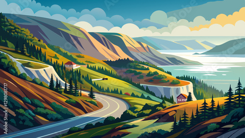 Scenic Cabot Trail in Cape Breton Nova Scotia Canada with fog covered forest hills