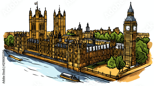 Vector comic hand-drawn illustration of Palace of Westminster. Palace of Westminster in London