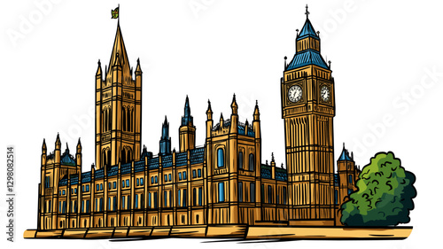 Vector comic hand-drawn illustration of Palace of Westminster. Palace of Westminster in London