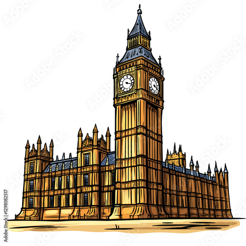 Vector comic hand-drawn illustration of Palace of Westminster. Palace of Westminster in London