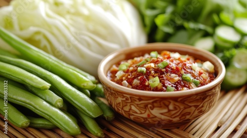 A close-up of freshly cut raw vegetables, including green beans and cabbage, surrounding a bowl of chili paste, placed on a bamboo mat for a traditional touch.