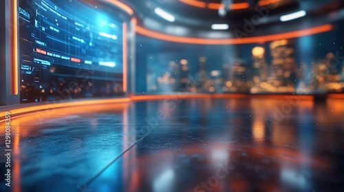 Futuristic news studio with glowing interface and cityscape photo