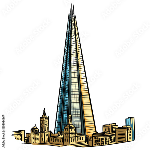 Vector comic hand-drawn illustration of The Shard skyscraper. The Shard skyscraper in London