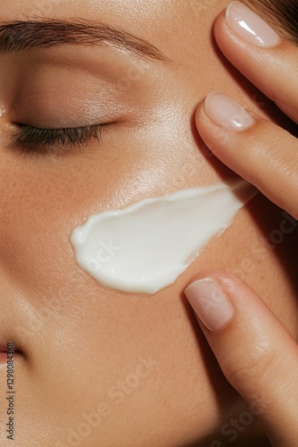 Skin care routine featuring a woman applying cream to her cheek in natural lighting. National Facial Protection Month. SunSmart Skin Cancer Prevention