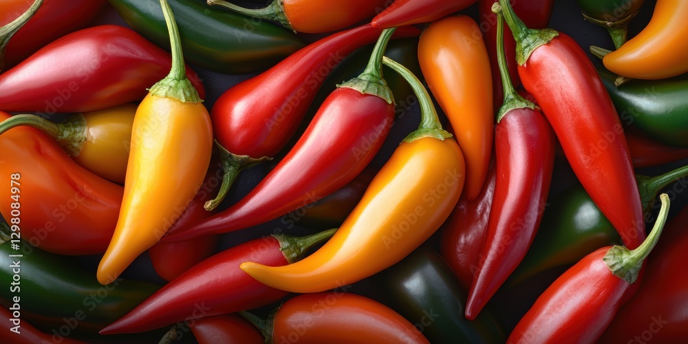 A vibrant assortment of red, green, and yellow chili peppers stacked closely together, showcasing their glossy skin and varying shapes. A vibrant assortment of red, green, and yellow chili peppers stacked closely together, showcasing their glossy skin and varying shapes.