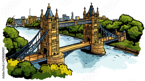 Vector comic hand-drawn illustration of Tower Brigde. Tower Brigde in London
