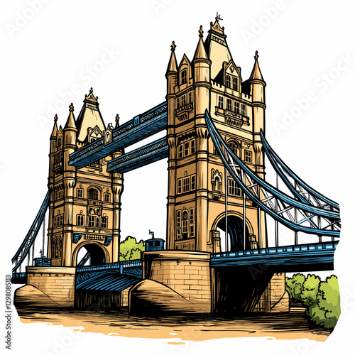 Vector comic hand-drawn illustration of Tower Brigde. Tower Brigde in London