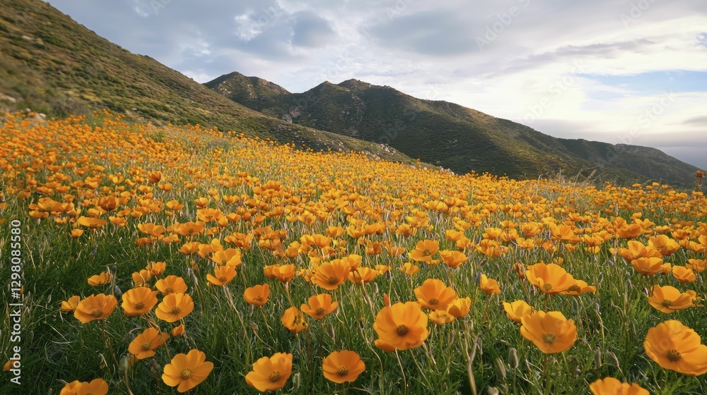Fototapeta premium Golden sunlight illuminating vibrant wildflower fields, creating a dreamy atmosphere filled with rich colors and delicate textures of petals.
