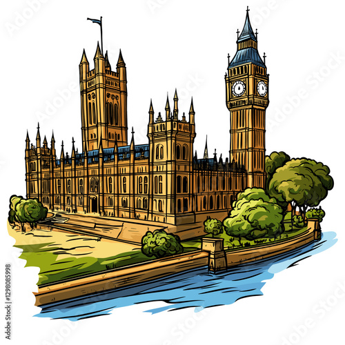 Vector comic hand-drawn illustration of Westminster Abbey. Westminster Abbey in London
