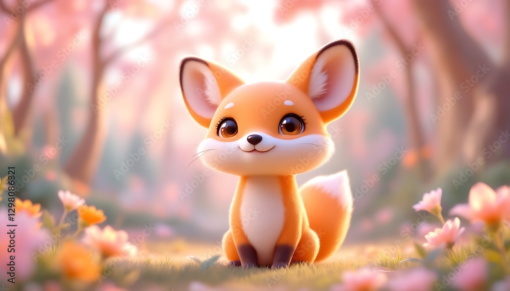 Adorable Fox Kit in a Dreamy Floral Setting: A Charming 3D Render Adorable Fox Kit in a Dreamy Floral Setting: A Charming 3D Render