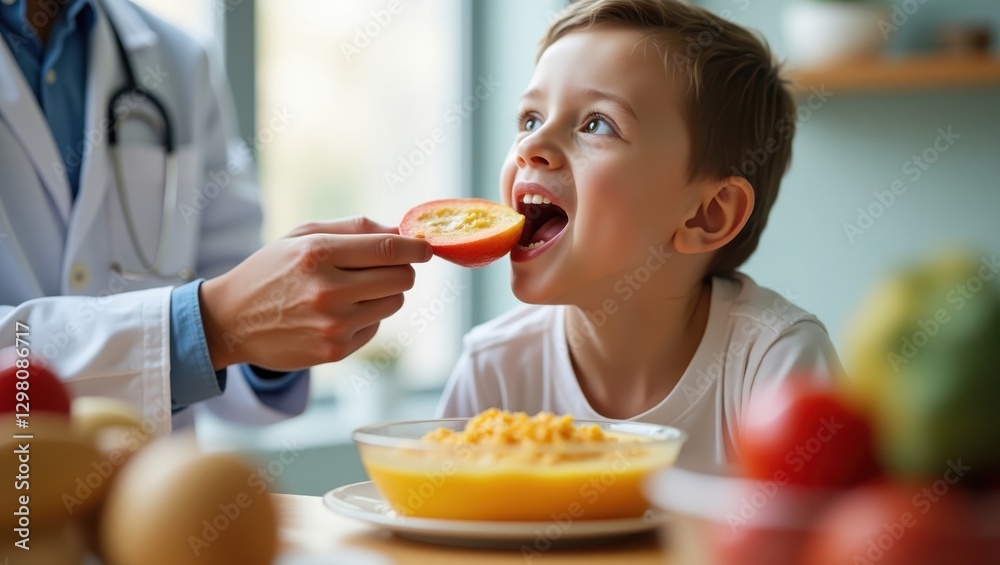 Food Challenge. Child is eating piece of fruit with his doctor Food Challenge. Child is eating piece of fruit with his doctor
