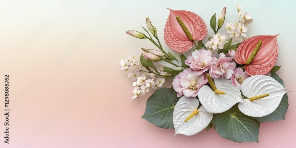 Naklejka premium Luxurious exotic flower bouquet featuring orchids, proteas, and anthuriums against a soft gradient background for a dreamy effect.
