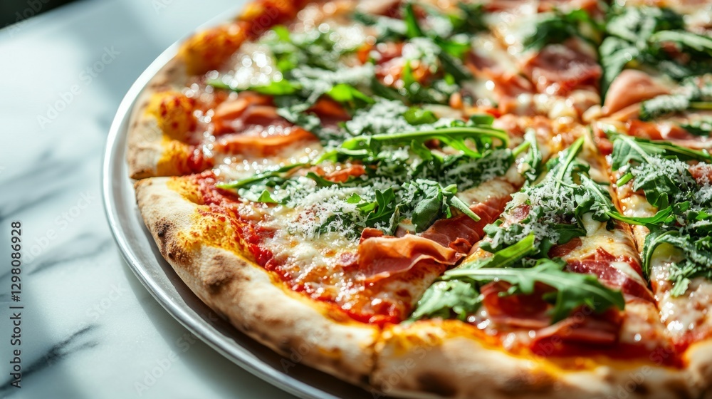 A gourmet pizza topped with prosciutto, arugula, and shaved parmesan cheese on a thin, crispy crust, served on a marble countertop. A gourmet pizza topped with prosciutto, arugula, and shaved parmesan cheese on a thin, crispy crust, served on a marble countertop.