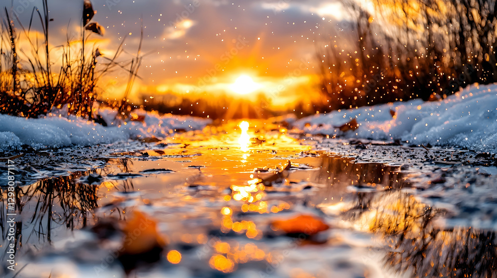 Fototapeta premium Sunset reflecting in winter puddle, snow, plants