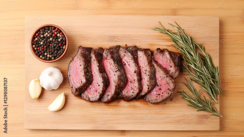 A grilled sirloin steak, sliced and arranged neatly on a wooden cutting board, surrounded by rosemary, garlic cloves, and a small bowl of peppercorns. A grilled sirloin steak, sliced and arranged neatly on a wooden cutting board, surrounded by rosemary, garlic cloves, and a small bowl of peppercorns.