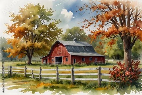Seasonal changes around the barn in watercolor style