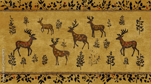 Traditional Indian Rajasthani folk art design featuring Warli-style patterns with deer motifs