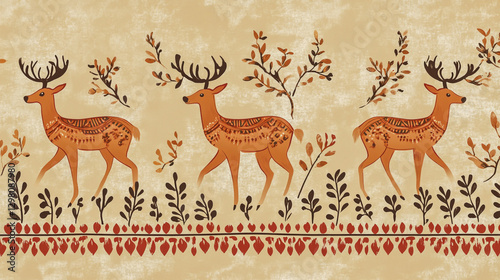 Traditional Indian Rajasthani folk art design featuring Warli-style patterns with deer motifs