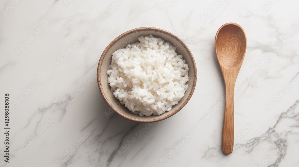 A minimalist flat lay of a bowl of hot white rice, with steam rising from the grains, placed on a light marble surface with a wooden spoon beside it. A minimalist flat lay of a bowl of hot white rice, with steam rising from the grains, placed on a light marble surface with a wooden spoon beside it.
