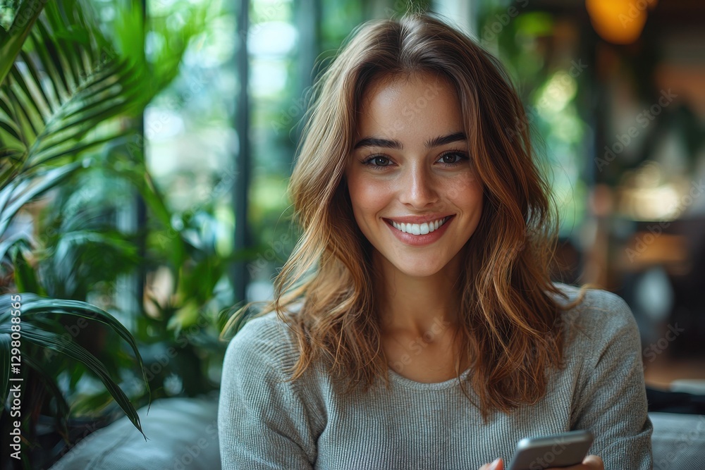 Smiling woman enjoying a relaxed moment in a lush indoor environment Smiling woman enjoying a relaxed moment in a lush indoor environment