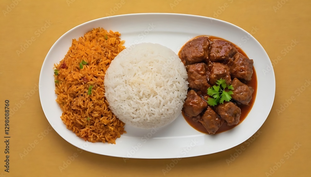 plain rice with beef chunks, with rendang sauce on top, on top of a white plate. long shot angle camera.plate, meal, delicious, food, lunch, meat, vegetable, cookery, sauce, beef, chicken, 76 plain rice with beef chunks, with rendang sauce on top, on top of a white plate. long shot angle camera.plate, meal, delicious, food, lunch, meat, vegetable, cookery, sauce, beef, chicken, 76