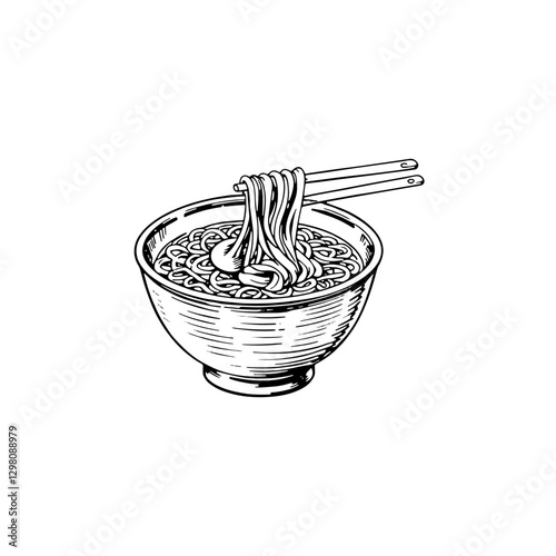 Hand drawn ramen vintage illustration. Engraving style black and white on white backgrounds. Vector