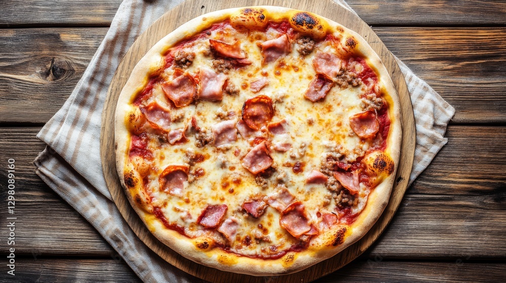 A pizza with a variety of meats like sausage, ham, and bacon, topped with extra cheese, resting on a wooden table with a rustic cloth napkin. A pizza with a variety of meats like sausage, ham, and bacon, topped with extra cheese, resting on a wooden table with a rustic cloth napkin.