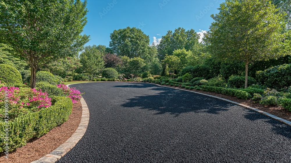 Pristine driveway winding through landscaped estate gardens Pristine driveway winding through landscaped estate gardens